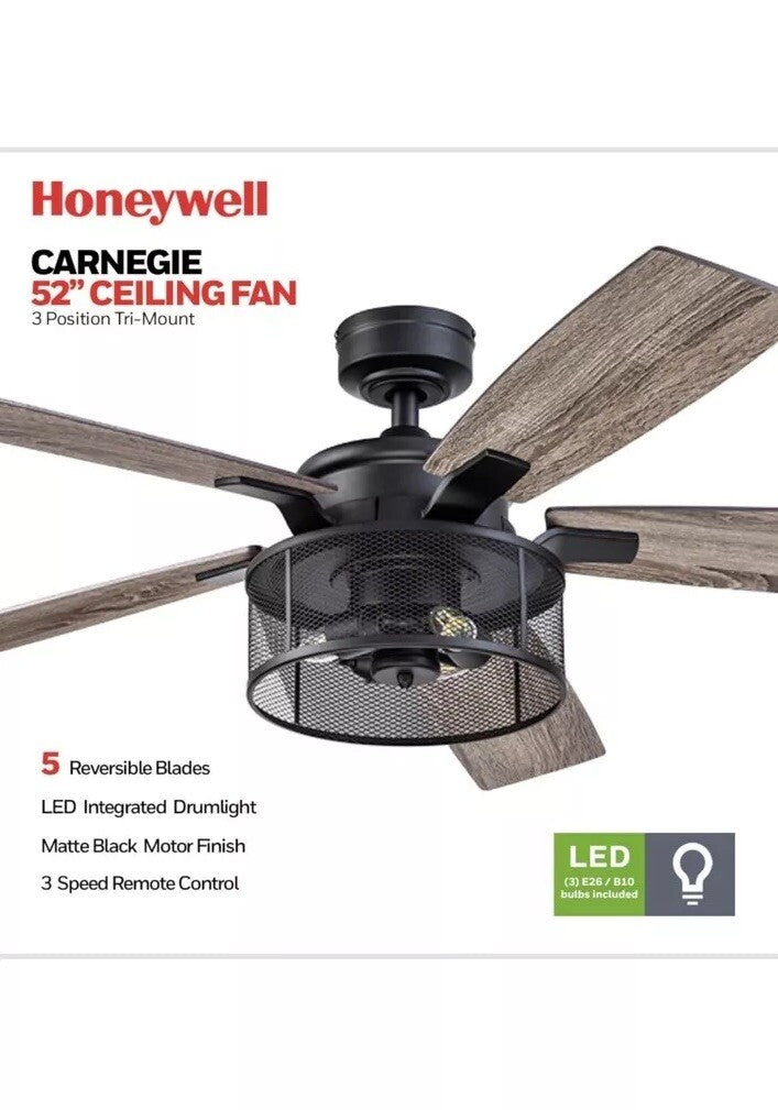 Honeywell Ceiling Fans Carnegie, 52 Inch Industrial LED Ceiling Fan with Light