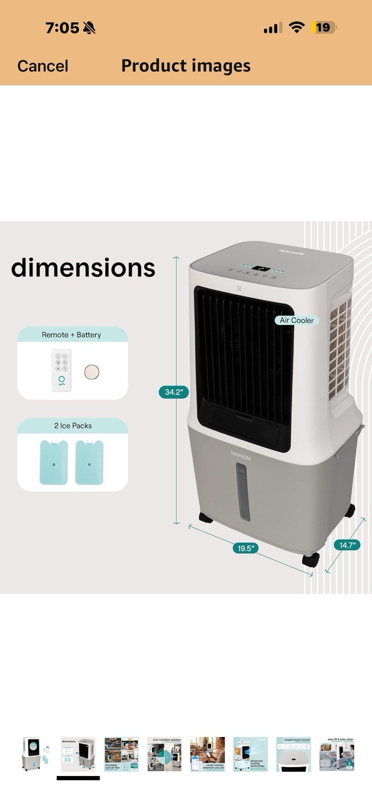 SereneLife Portable Swamp Cooler Air Conditioner - 2500 CFM Airflow, 8 Gallon