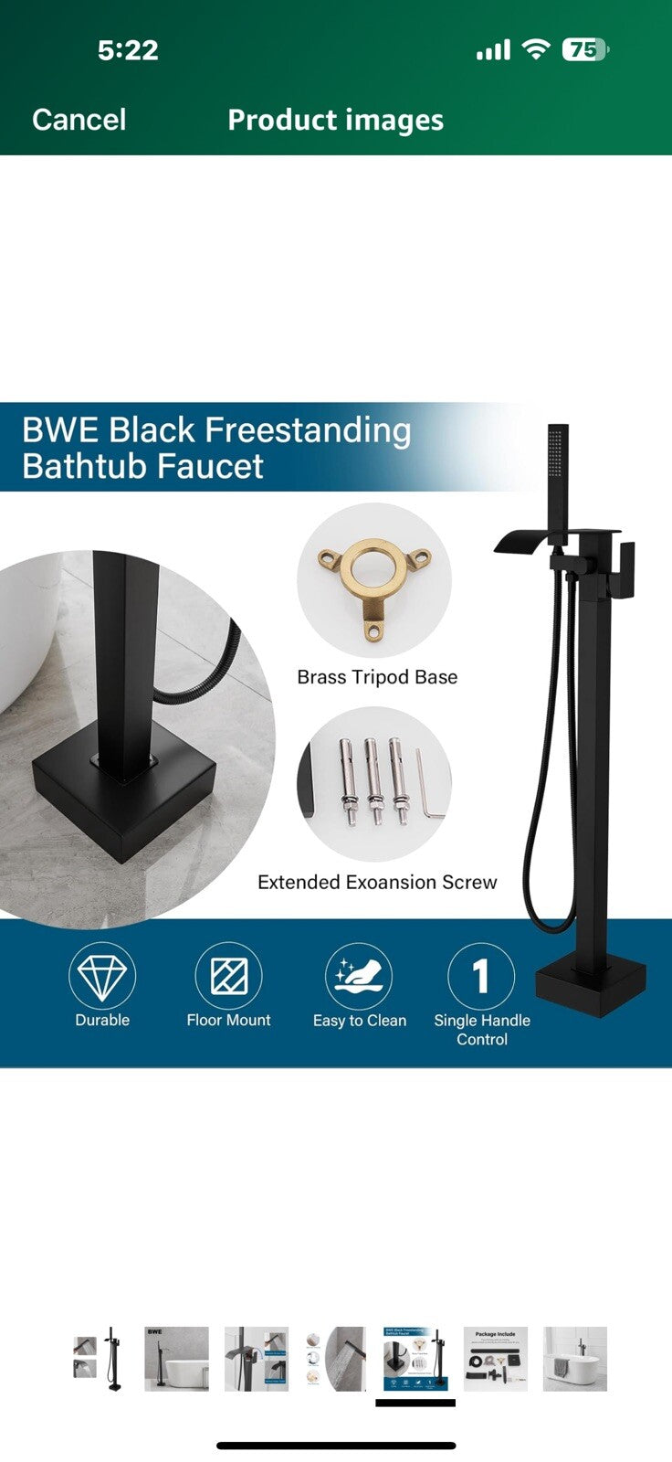 BWE Black Freestanding Bathtub Faucet Floor Mounted Tub Filler Waterfall
