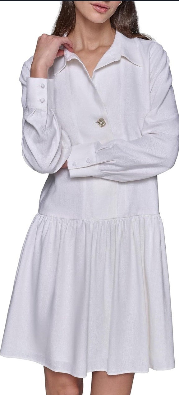 Karl Lagerfeld Paris Women's Gathered Flounce Linen Longer Sleeved Shirt Size 16