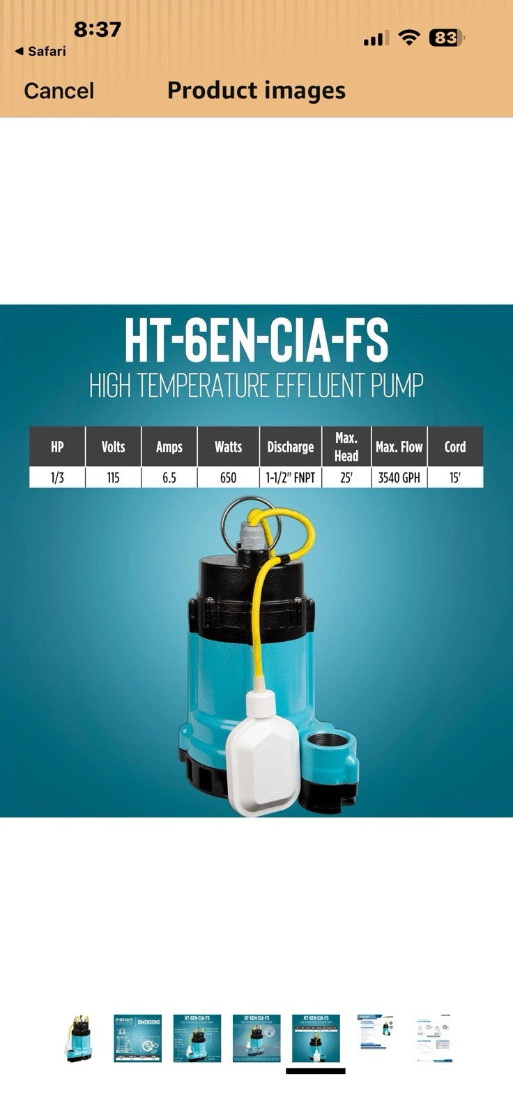 Little Giant HT-6EN-CIA-SFS, 115 Volt, 1/3 HP, 3540 GPH High Temperature 