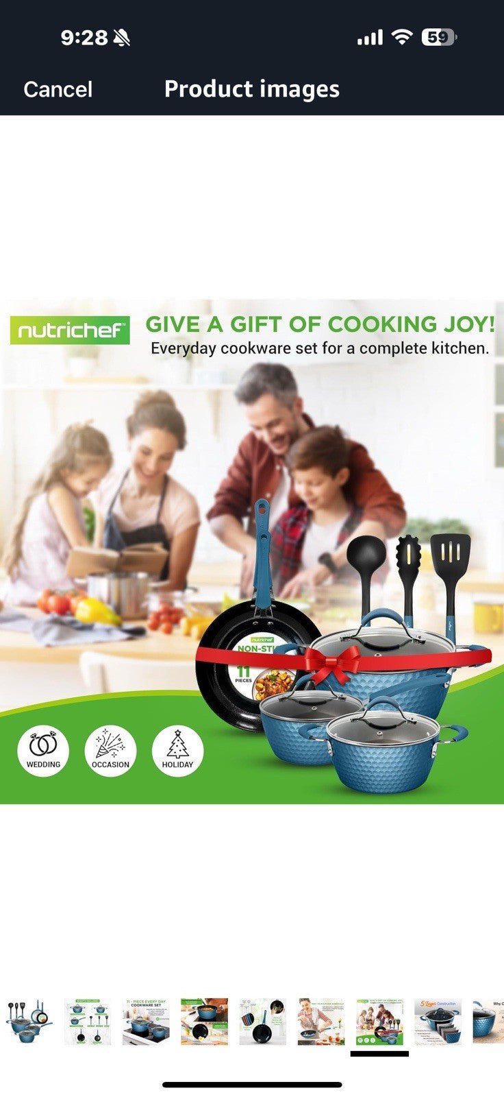NutriChef 11 Pc Ceramic Cookware Set - Excilon Blue Diamond, Nonstick,