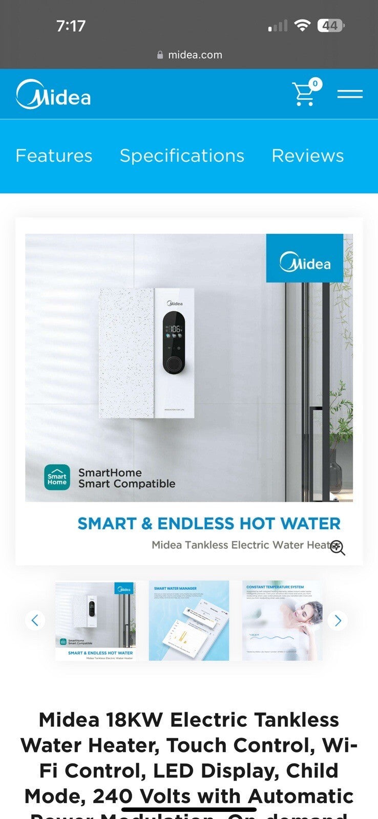 Midea 18KW Electric Tankless Water Heater, Touch Control, Wi-Fi Control