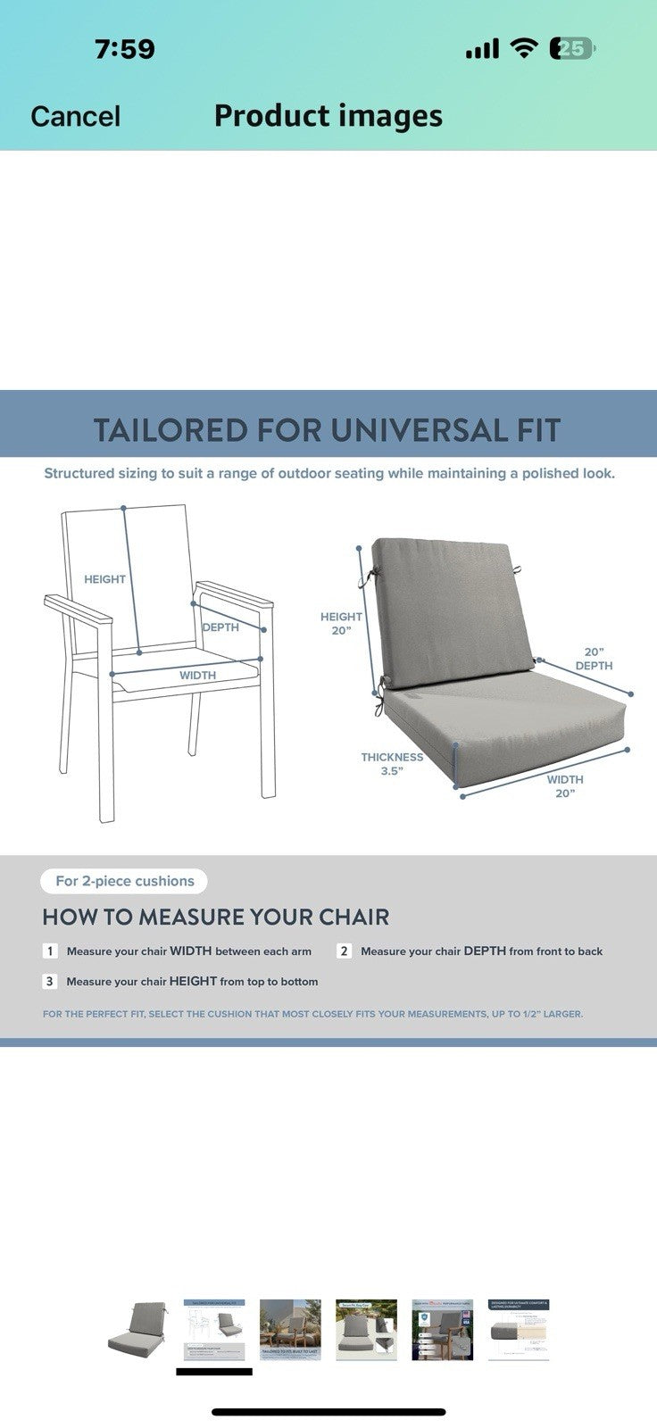 California Umbrella Foam Dining Chair Cushion, 20 x 40, Granite