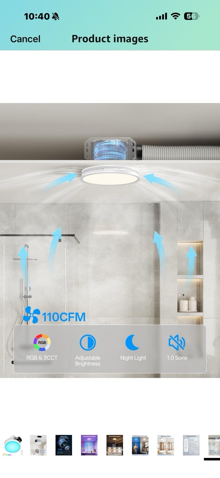 Bathroom Exhaust Fan with RGB Lights, 110CFM/1.0 Sones Vent Fan with 