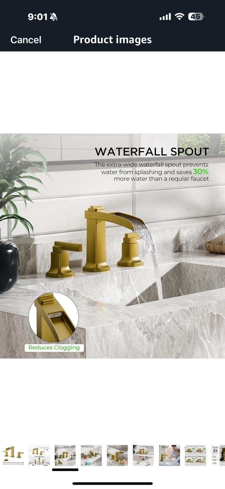 FORIOUS Waterfall Brushed Gold Bathroom Faucets 3 Hole, Modern 