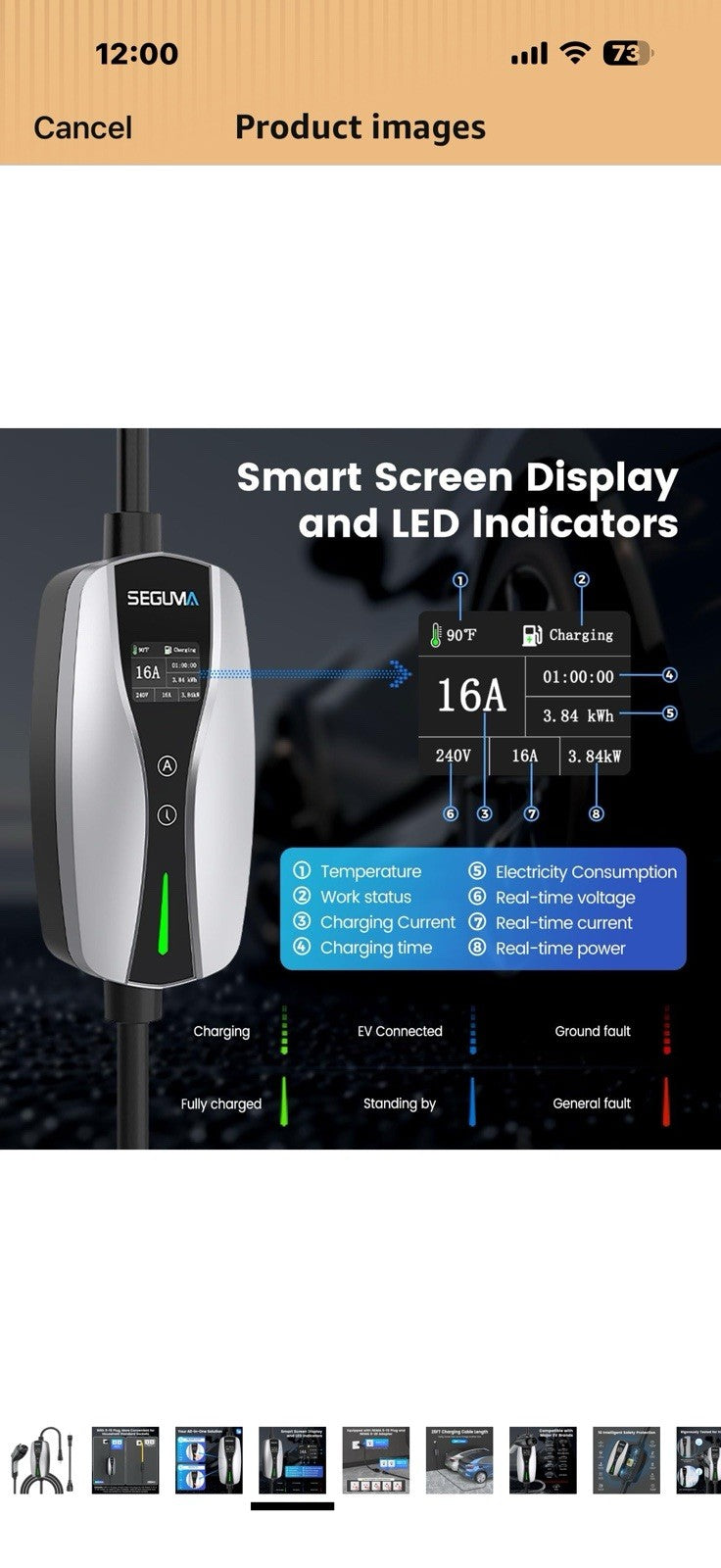 Level 1/2 EV Charger, 16Amp Adjustable Current NEMA 5-15 Plug/NEMA 6-20