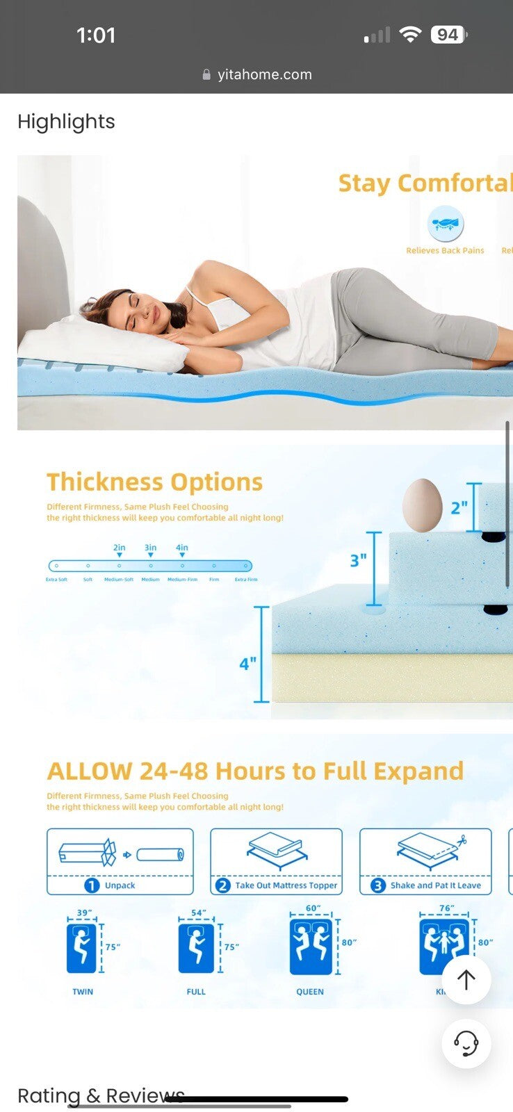 YITAHOME Queen Size Mattress Topper 3 Inch Cooling Memory Foam Bed Topper