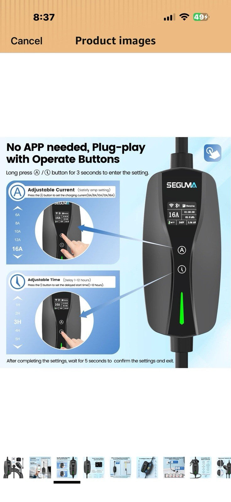 Level 1/2 EV Charger, 16Amp Adjustable Current Wi-Fi/App Control, UL
