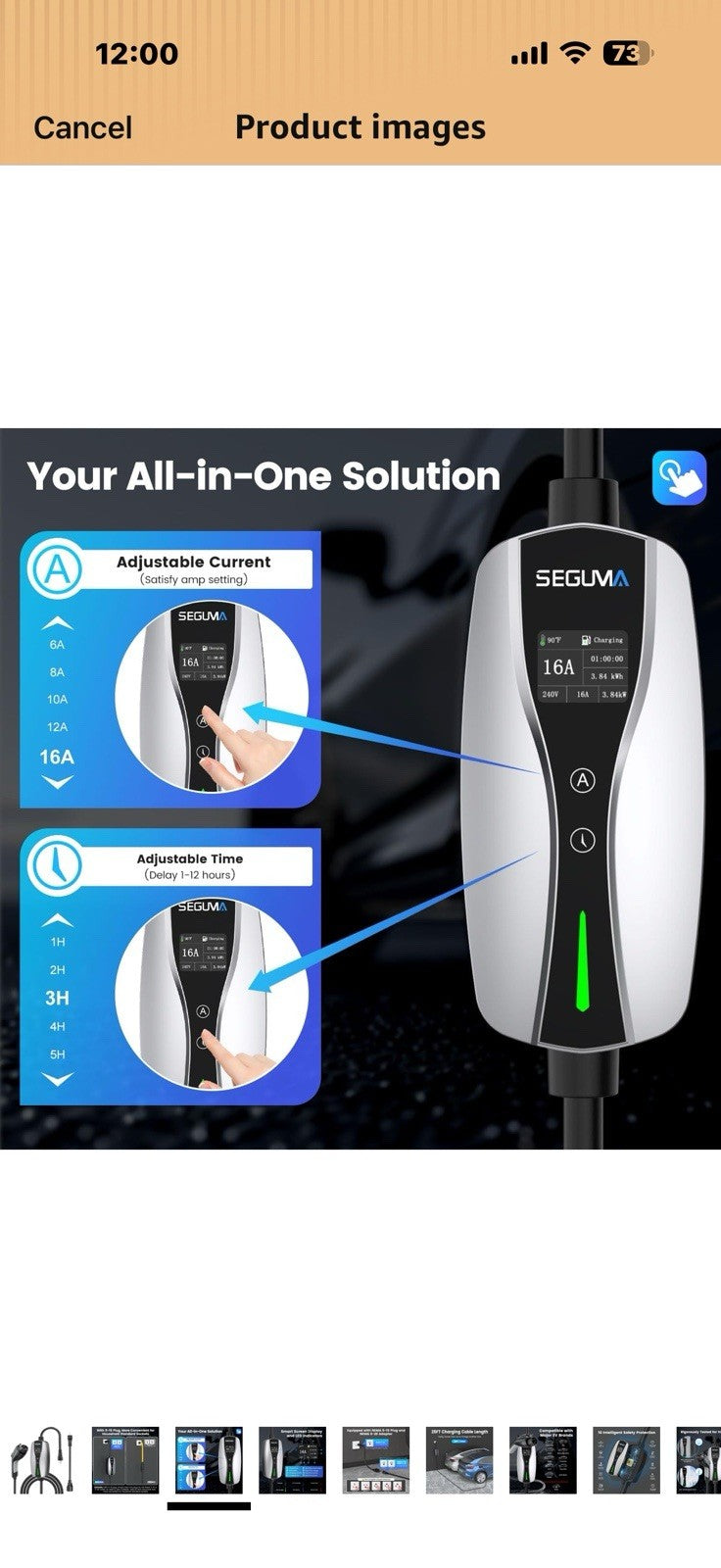 Level 1/2 EV Charger, 16Amp Adjustable Current NEMA 5-15 Plug/NEMA 6-20