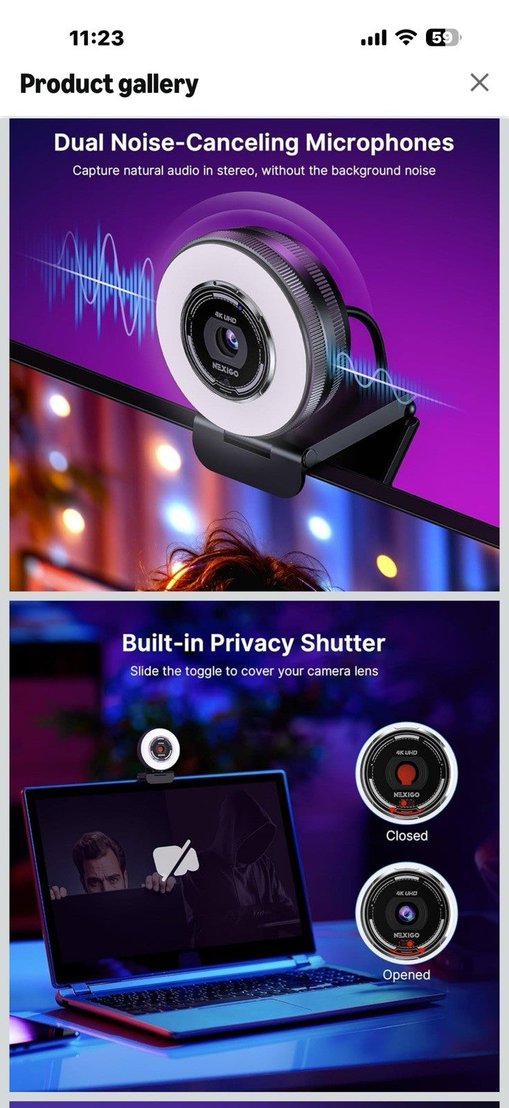 NexiGo N680E Pro 4K Webcam with Ring Light, PDAF Autofocus, 1080p 60FPS