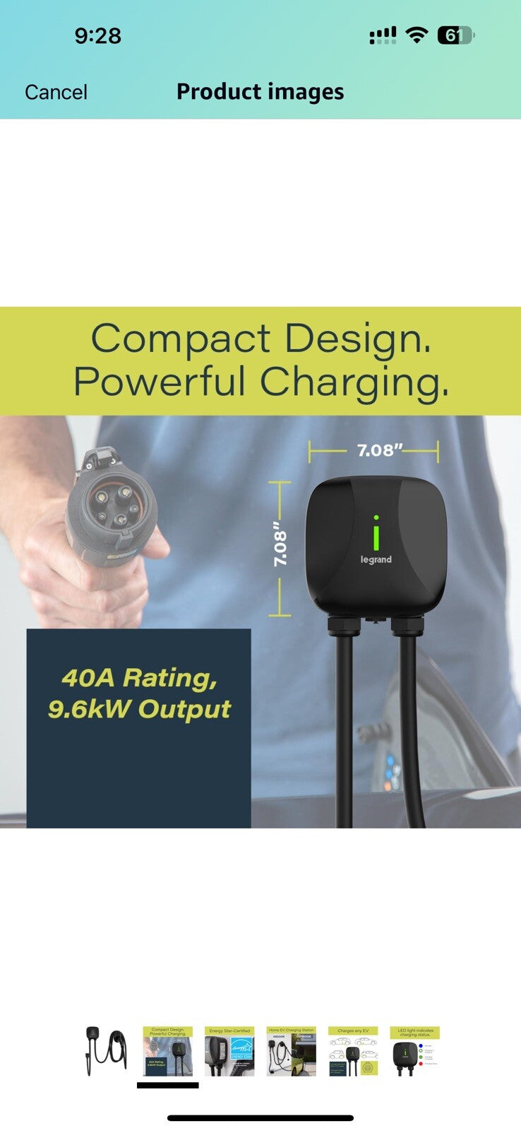 Pass & Seymour Plug-in Level 2 EV Charger, 40 Amp, 240V, Indoor/Outdoor Car