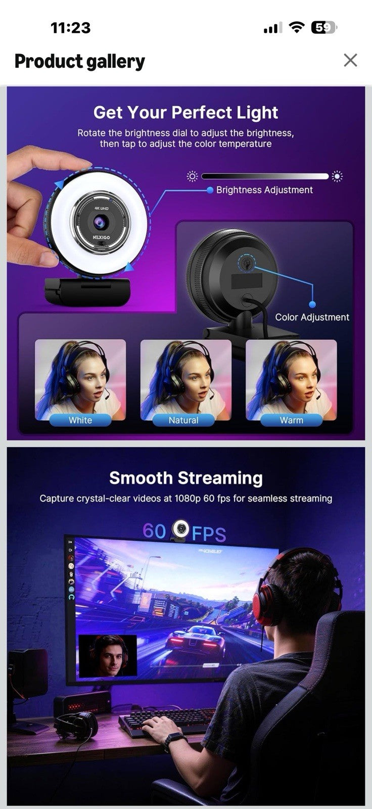 NexiGo N680E Pro 4K Webcam with Ring Light, PDAF Autofocus, 1080p 60FPS