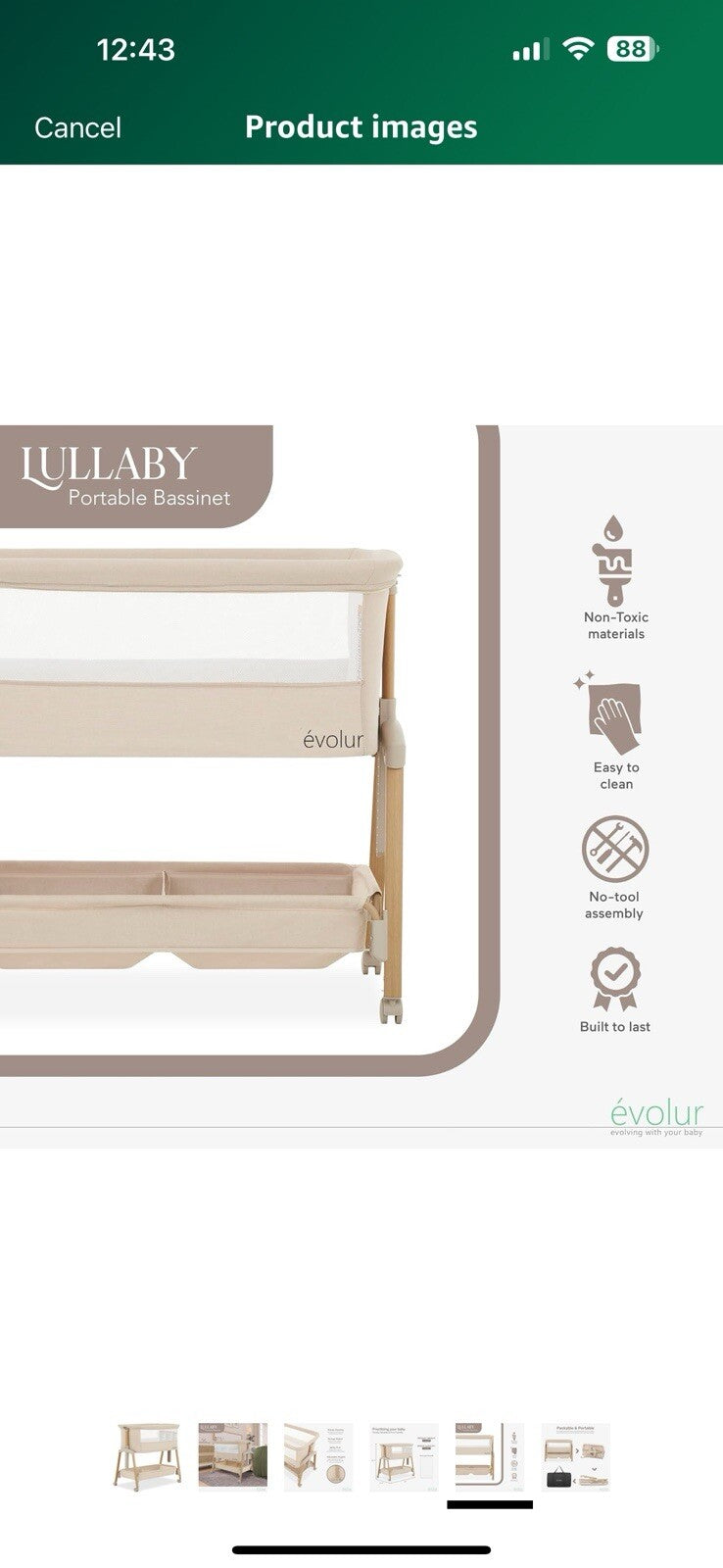 Evolur Lullaby Portable Bassinet with Wheels