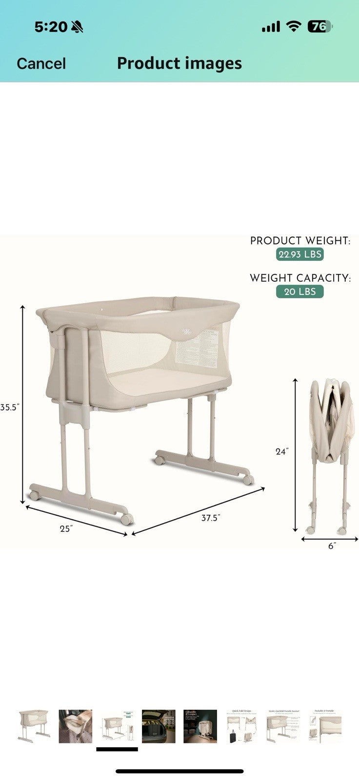 Evolur Kinsley Bedside Bassinet – Quick Fold, Breathable Mesh Sides, 