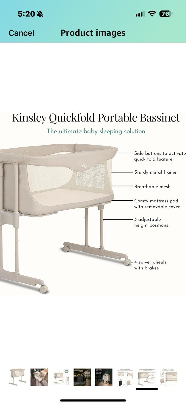 Evolur Kinsley Bedside Bassinet – Quick Fold, Breathable Mesh Sides, 