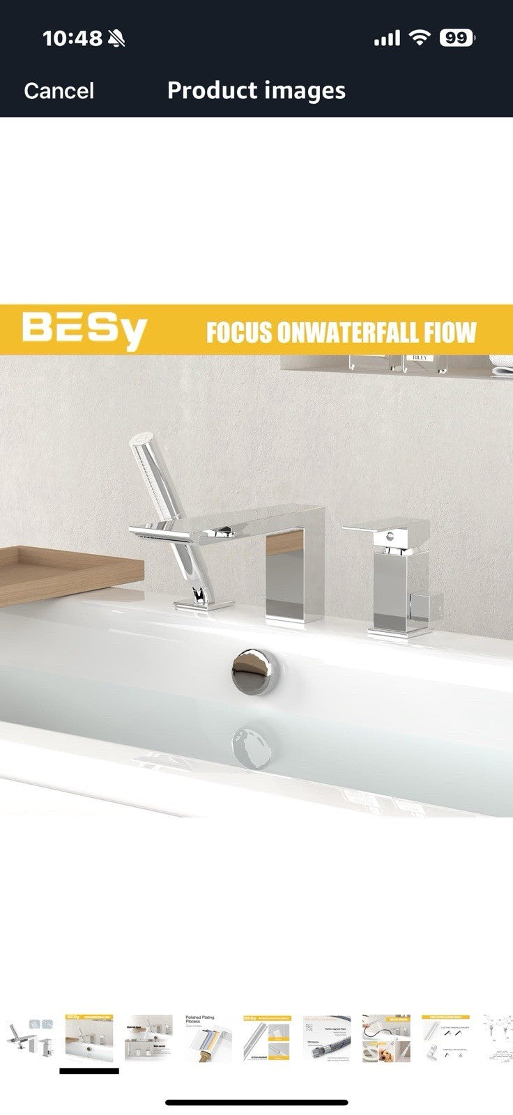 BESy Brass Waterfall Roman Bath Tub Faucets with Sprayer, Deck Mount