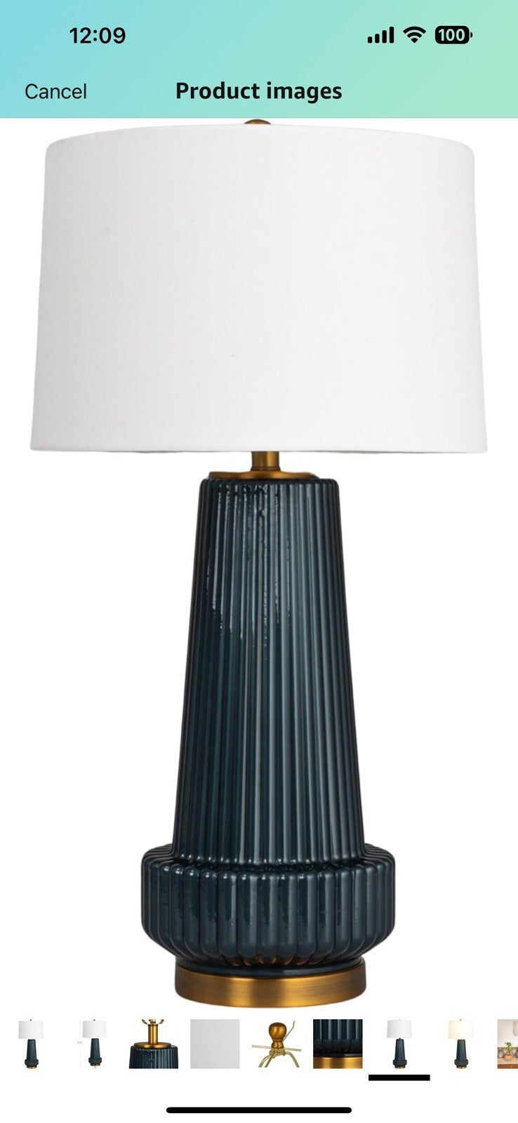 Creative Co-Op Ribbed Glass Table Lamp with Tapered Drum Shade, Deep Blue