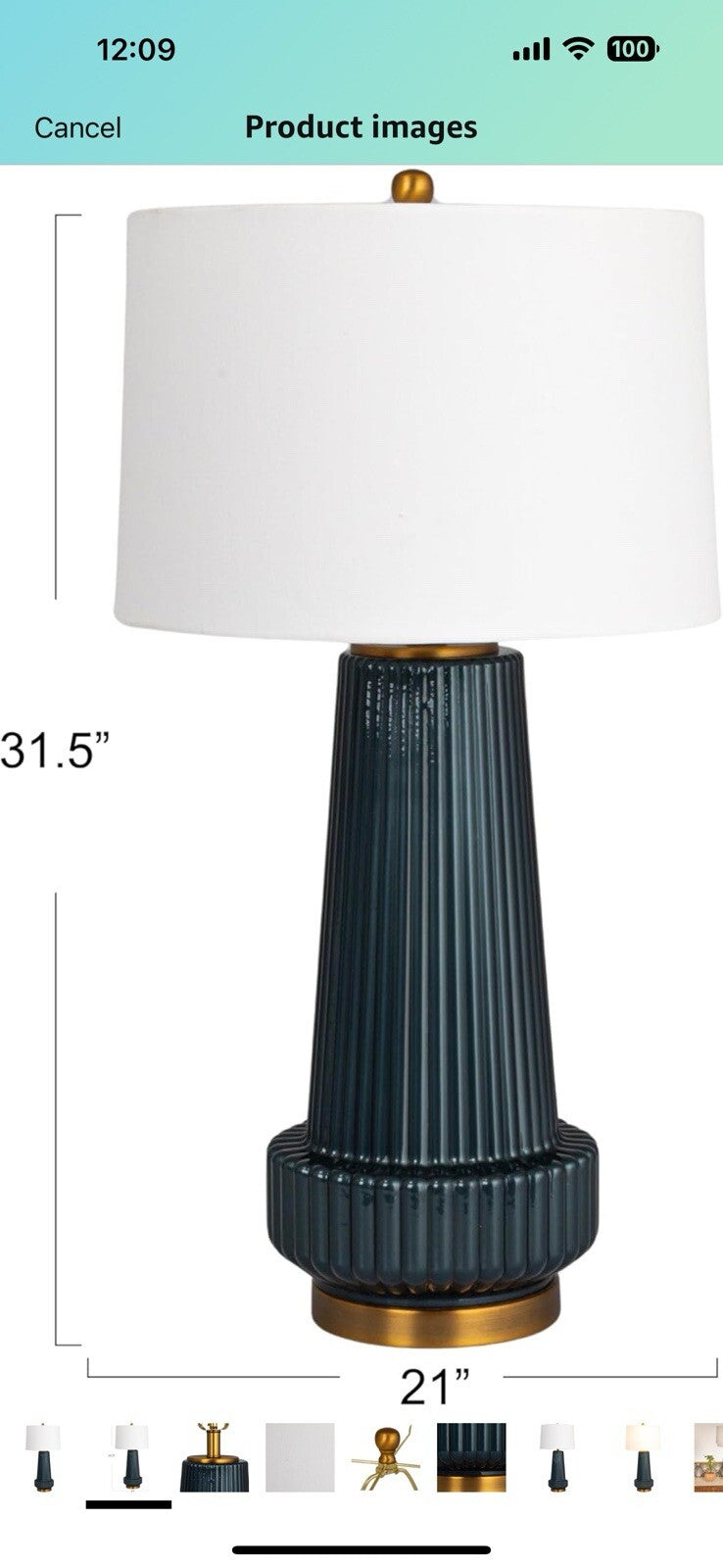 Creative Co-Op Ribbed Glass Table Lamp with Tapered Drum Shade, Deep Blue