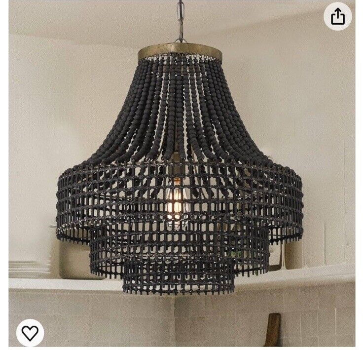 Creative Co-Op Metal, Rattan, and Wood Bead Chandelier in Timeless Black