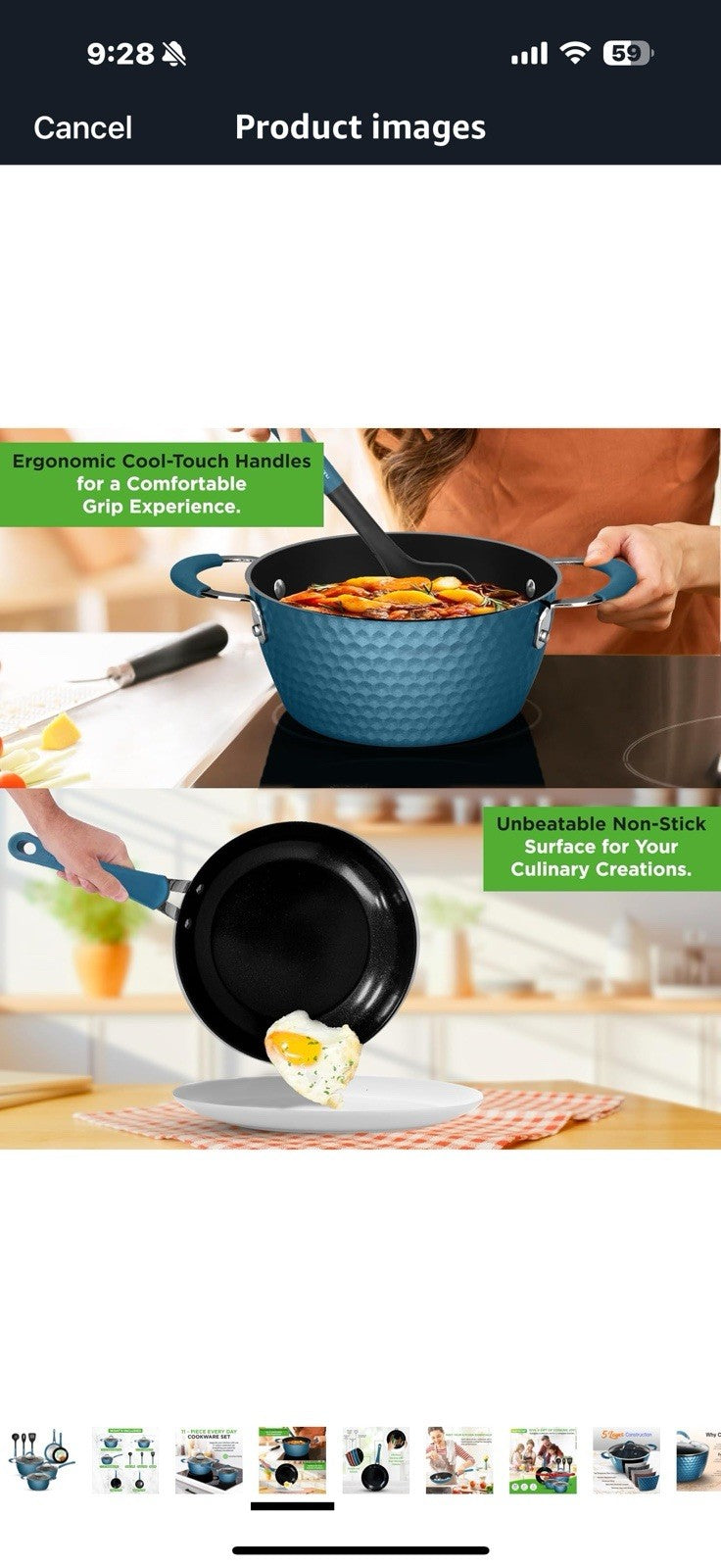 NutriChef 11 Pc Ceramic Cookware Set - Excilon Blue Diamond, Nonstick,