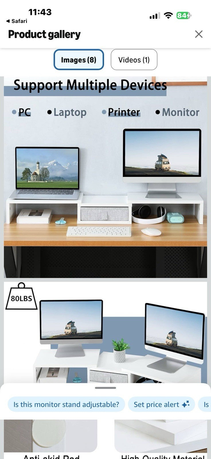 MARTY Dual Monitor Stand, White Monitor Riser with Drawer Length & Angle 