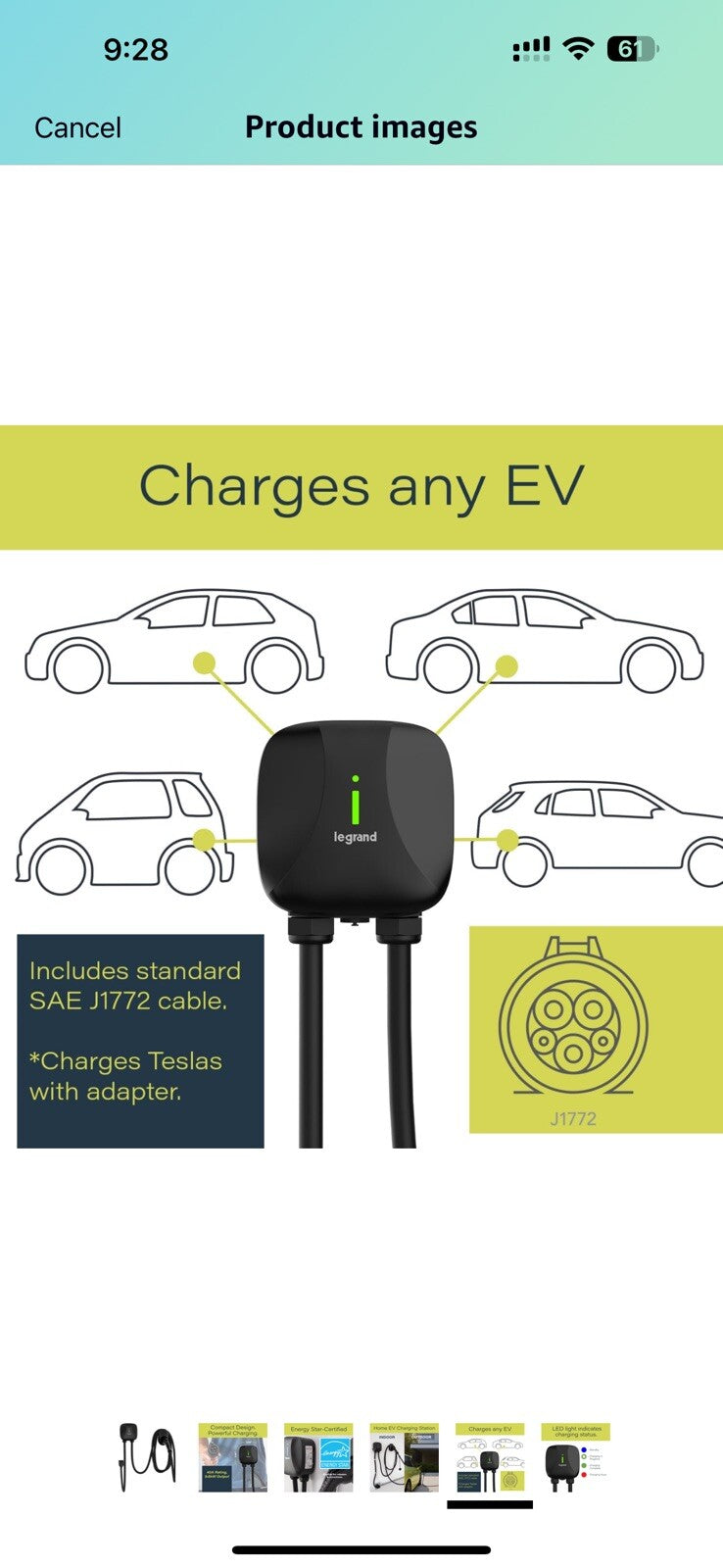 Pass & Seymour Plug-in Level 2 EV Charger, 40 Amp, 240V, Indoor/Outdoor Car