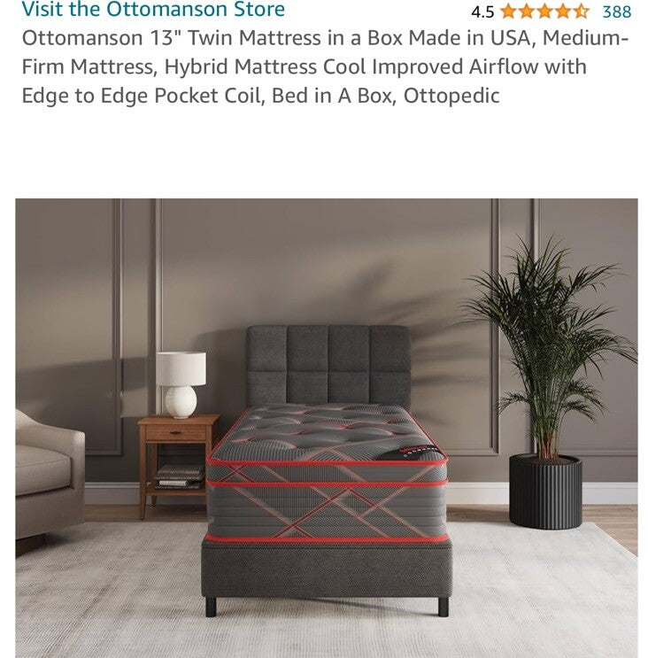 Ottomanson 13" Twin Mattress in a Box Made in USA, Medium-Firm 