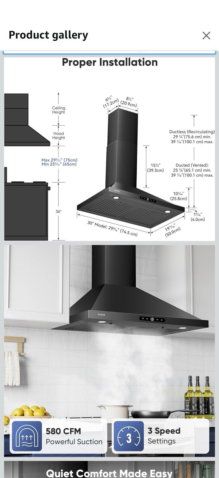 Wall Mount Range Hood 30 inch, 580 CFM Kitchen Vent Hood, Ducted/
