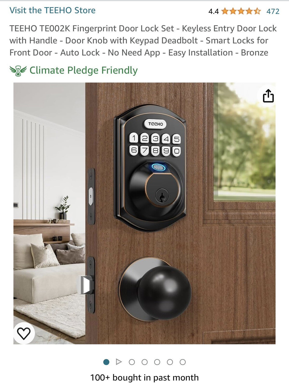 TEEHO TE002K Fingerprint Door Lock Set - Keyless Entry Door Lock with Handle
