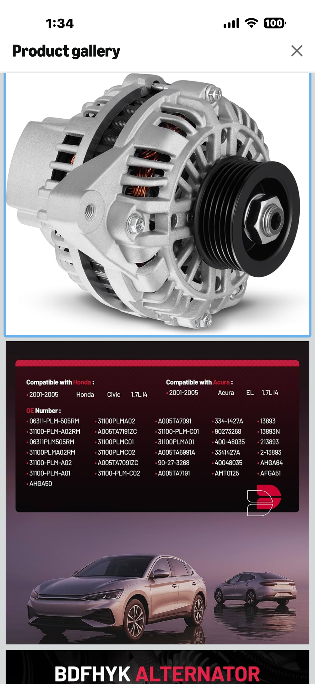 BDFHYK Alternator 13893N Compatible with Honda Civic, Fits for Acura EL 2001 2002 2003 2004 2005 1.7L, Replace# 06311-PLM-505RM, 13893, 213893, 31100PLMA01, 40048035, 90273268, AFGA51, AMT0125

Compatible with]　Alternator Replacement Compatible with Honda