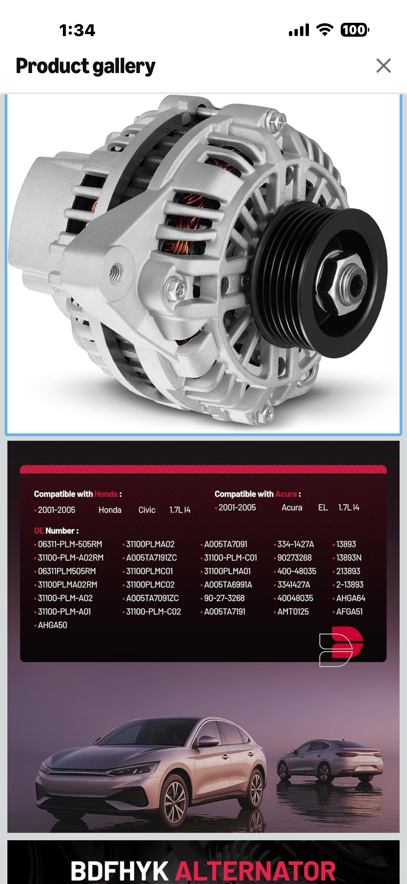 BDFHYK Alternator 13893N Compatible with Honda Civic, Fits for Acura EL 2001 2002 2003 2004 2005 1.7L, Replace# 06311-PLM-505RM, 13893, 213893, 31100PLMA01, 40048035, 90273268, AFGA51, AMT0125

Compatible with]　Alternator Replacement Compatible with Honda