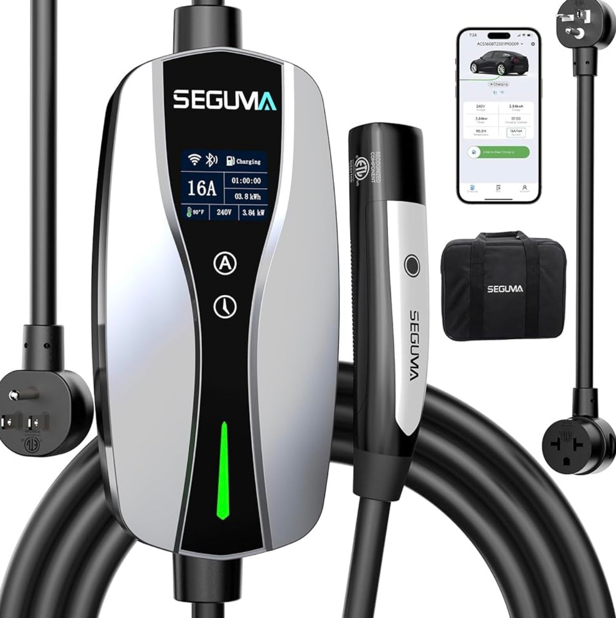 SEGUMA NACS Charger for Tesla with APP, ETL Certified Level 1/2 Tesla Charger, 6-16A, Dual Voltage 120V NEMA 5-15 Plug & 240V 6-20 Adapter, 25FT Cable, IP66, Portable Home Electric EV Charging Station

Dual Voltage Level 1 & Level 2 Tesla Charger】This tes