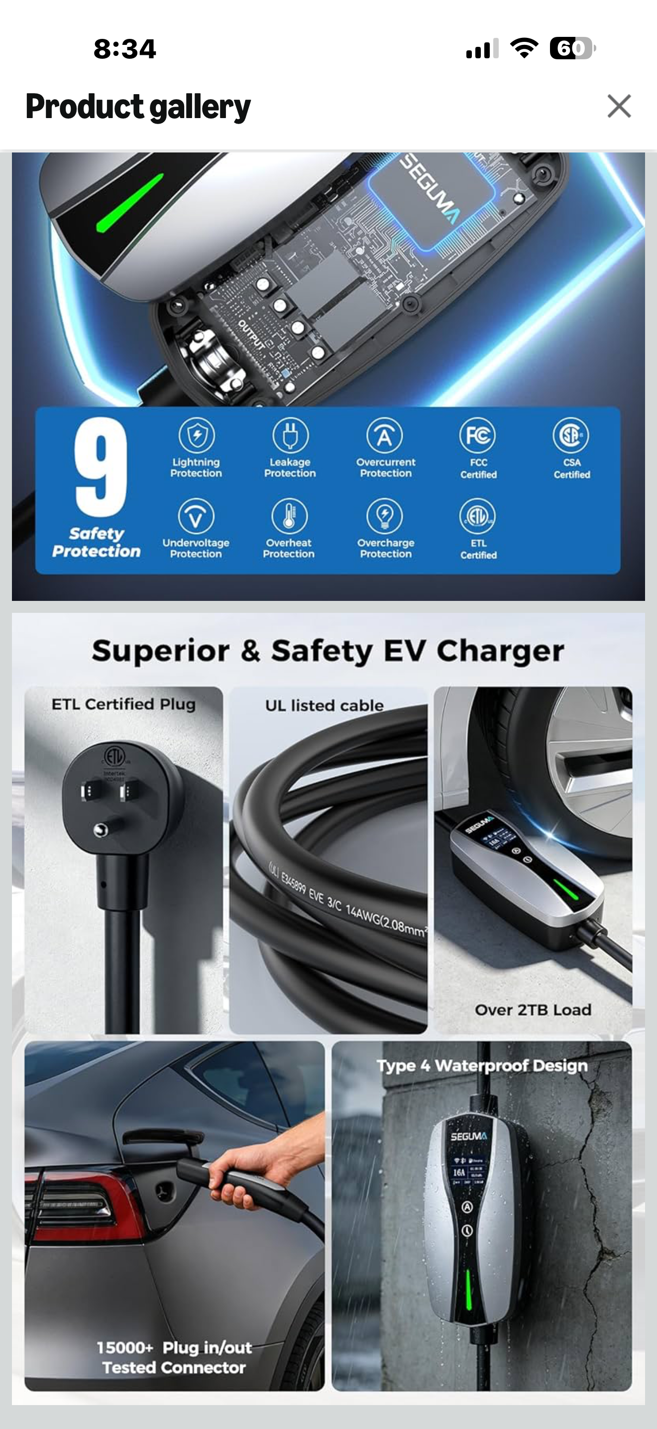 SEGUMA NACS Charger for Tesla with APP, ETL Certified Level 1/2 Tesla Charger, 6-16A, Dual Voltage 120V NEMA 5-15 Plug & 240V 6-20 Adapter, 25FT Cable, IP66, Portable Home Electric EV Charging Station

Dual Voltage Level 1 & Level 2 Tesla Charger】This tes