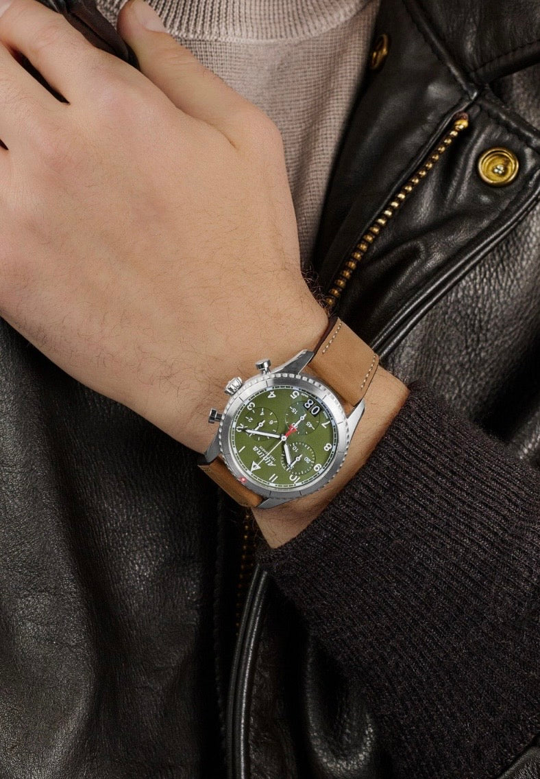 Pilot Quartz Chronograph Big Date
SKU: AL-372GR4S26 ALPINA MENS

With box and tag 

This Startimer Pilot Quartz Chronograph Big Date comes in a 41mm case with a calf leather strap and a quartz movement. The watch offers hours, minutes, seconds, big date a