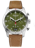 Pilot Quartz Chronograph Big Date
SKU: AL-372GR4S26 ALPINA MENS

With box and tag 

This Startimer Pilot Quartz Chronograph Big Date comes in a 41mm case with a calf leather strap and a quartz movement. The watch offers hours, minutes, seconds, big date a