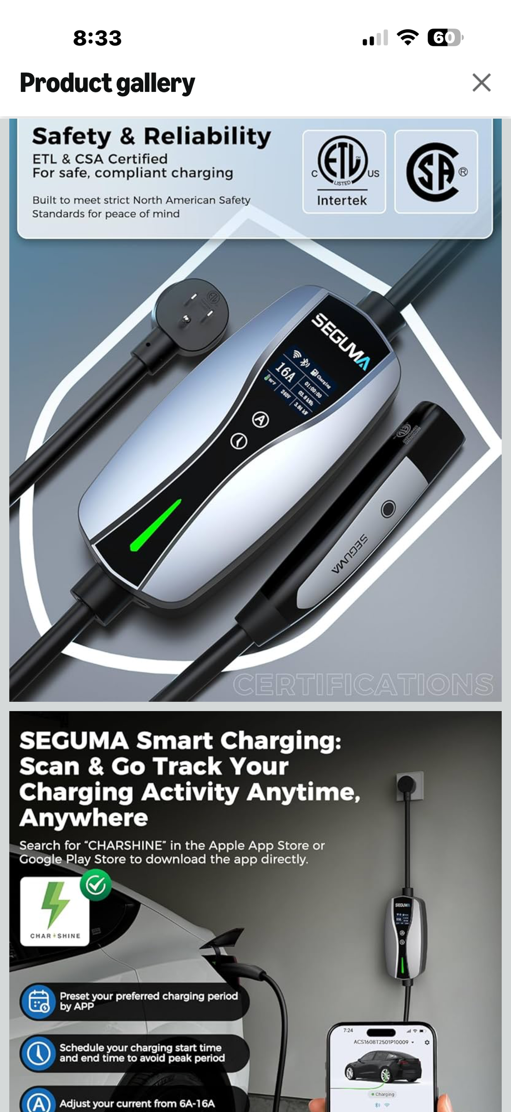 SEGUMA NACS Charger for Tesla with APP, ETL Certified Level 1/2 Tesla Charger, 6-16A, Dual Voltage 120V NEMA 5-15 Plug & 240V 6-20 Adapter, 25FT Cable, IP66, Portable Home Electric EV Charging Station

Dual Voltage Level 1 & Level 2 Tesla Charger】This tes