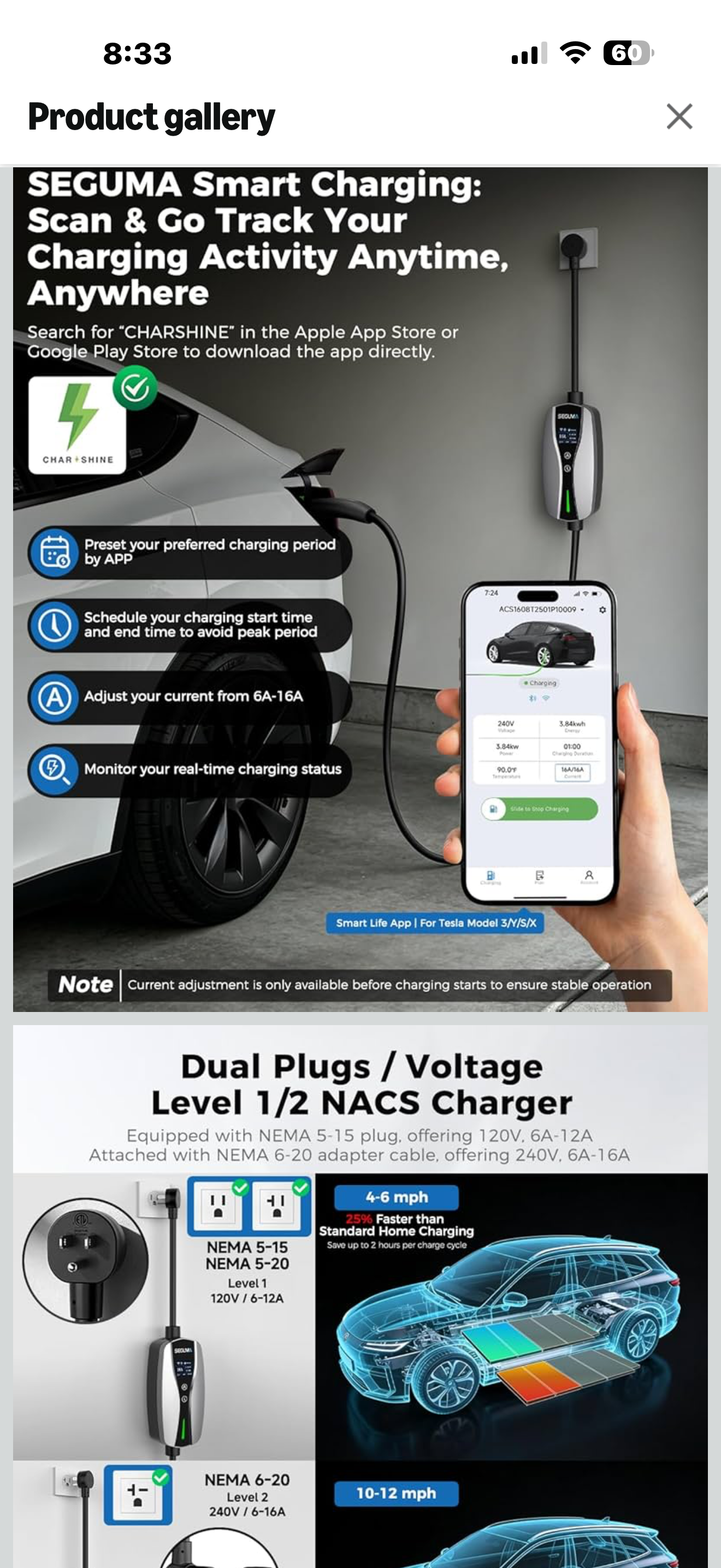 SEGUMA NACS Charger for Tesla with APP, ETL Certified Level 1/2 Tesla Charger, 6-16A, Dual Voltage 120V NEMA 5-15 Plug & 240V 6-20 Adapter, 25FT Cable, IP66, Portable Home Electric EV Charging Station

Dual Voltage Level 1 & Level 2 Tesla Charger】This tes