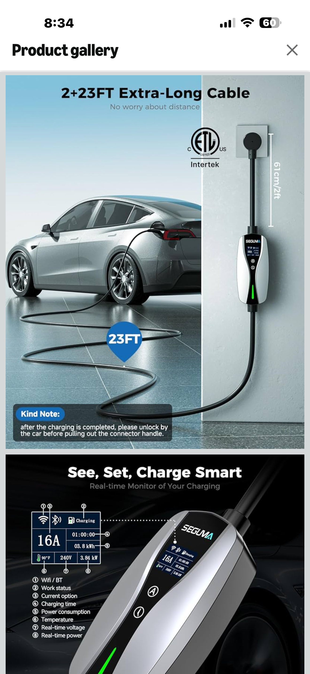 SEGUMA NACS Charger for Tesla with APP, ETL Certified Level 1/2 Tesla Charger, 6-16A, Dual Voltage 120V NEMA 5-15 Plug & 240V 6-20 Adapter, 25FT Cable, IP66, Portable Home Electric EV Charging Station

Dual Voltage Level 1 & Level 2 Tesla Charger】This tes