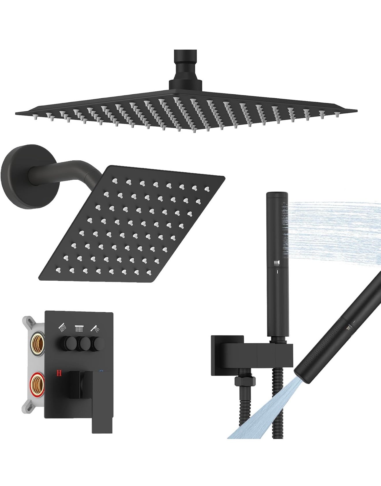 10 Inch Shower Faucet with Push Button Diverter Shower System, 2 in 1 Spray Handheld Showerhead, Ceiling Mount 10 Inch Shower Head with 6 Inch Wall Mount Shower Head Matte Black

Brand Hoimpro
Color Matte Black
Material Brass
Finish Type Painted
Number of