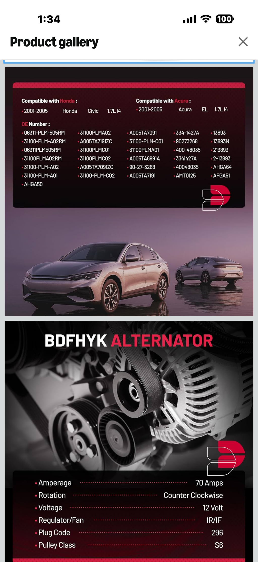 BDFHYK Alternator 13893N Compatible with Honda Civic, Fits for Acura EL 2001 2002 2003 2004 2005 1.7L, Replace# 06311-PLM-505RM, 13893, 213893, 31100PLMA01, 40048035, 90273268, AFGA51, AMT0125

Compatible with]　Alternator Replacement Compatible with Honda