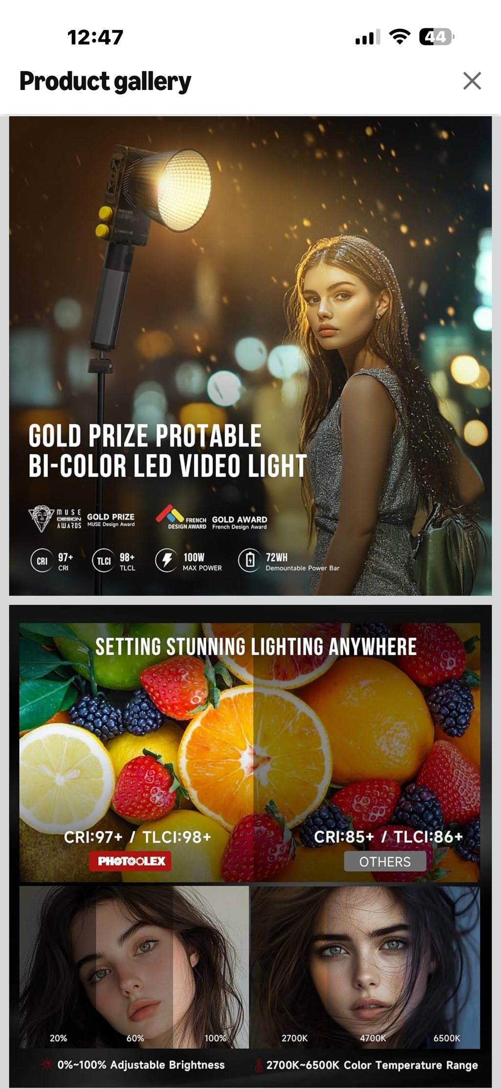 PHOTOOLEX Q100Lite 100W LED Video Light with 72Wh Power Grip, Bi-color Photography Light for Professional Photo Studio, Vlogs, Podcasting & Streaming, CRI97+/TLCI98+/2700K-6500K/27000lux/m, 15 Effects

Brand PHOTOOLEX
Battery Life 4 Hours
Connectivity Tec