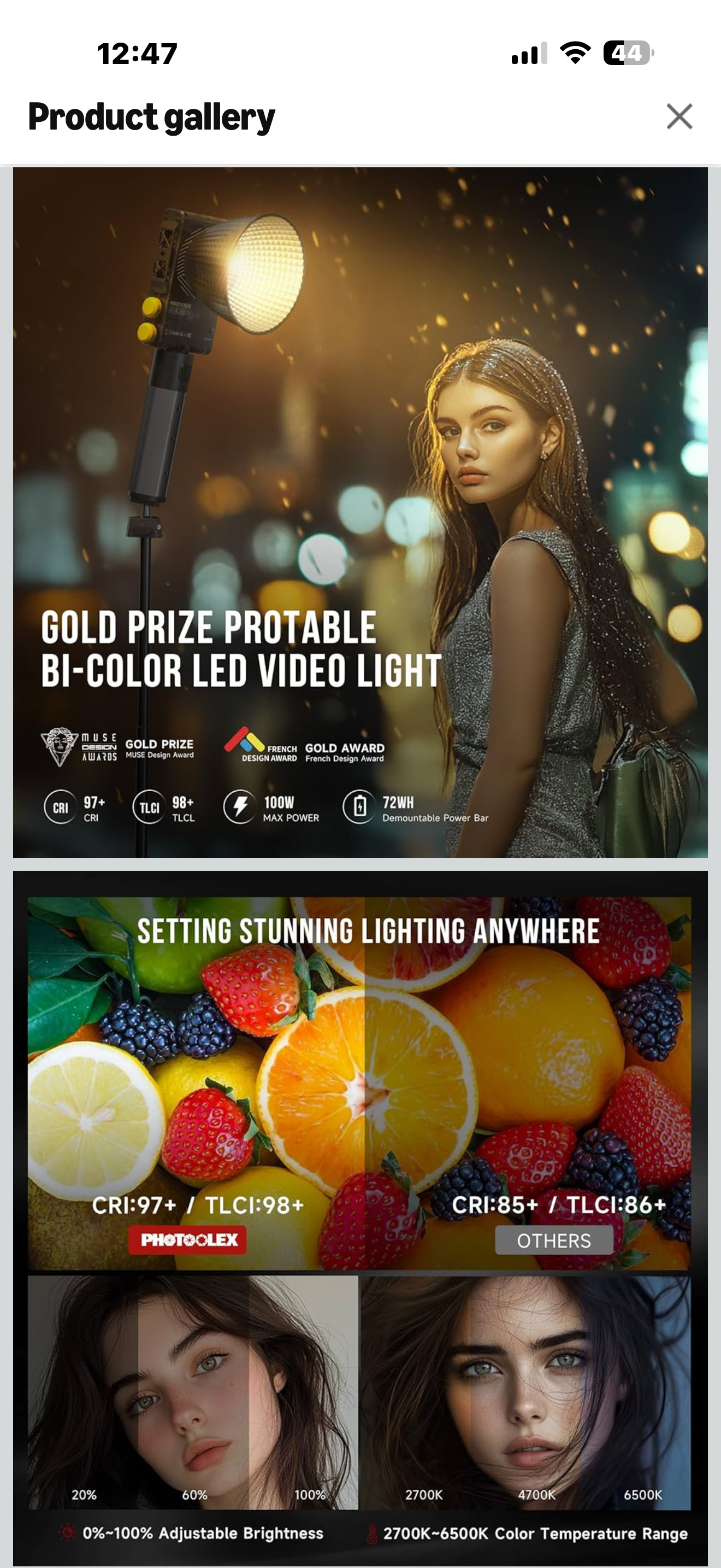PHOTOOLEX Q100Lite 100W LED Video Light with 72Wh Power Grip, Bi-color Photography Light for Professional Photo Studio, Vlogs, Podcasting & Streaming, CRI97+/TLCI98+/2700K-6500K/27000lux/m, 15 Effects

Brand PHOTOOLEX
Battery Life 4 Hours
Connectivity Tec