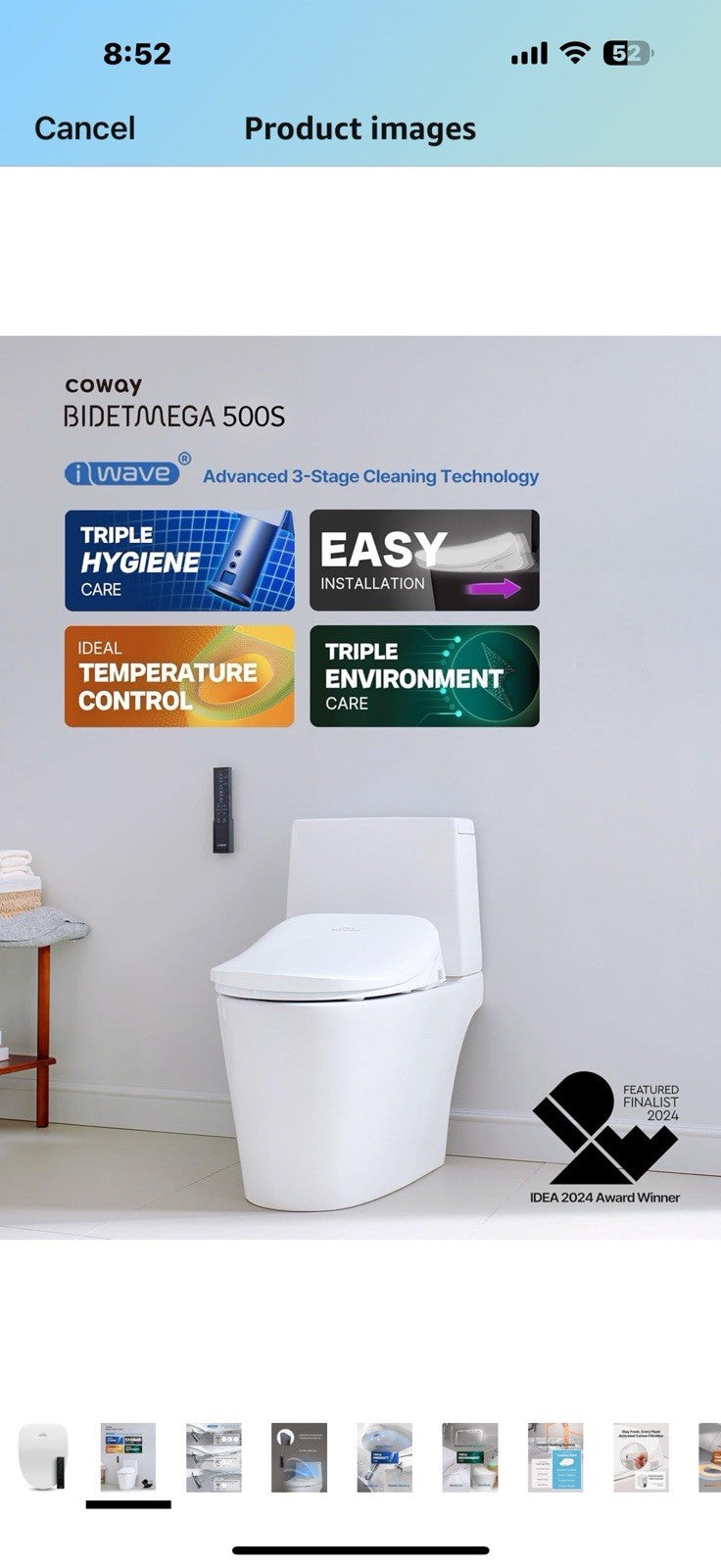 Coway Electronic Bidet Elongated Toilet Seat with Instantaneous Water Heating,