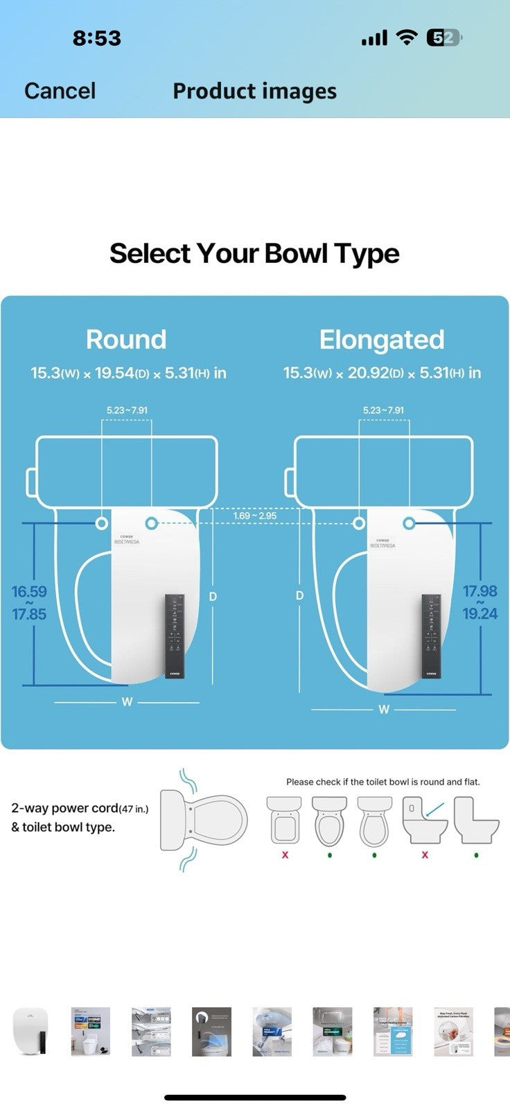 Coway Electronic Bidet Elongated Toilet Seat with Instantaneous Water Heating,